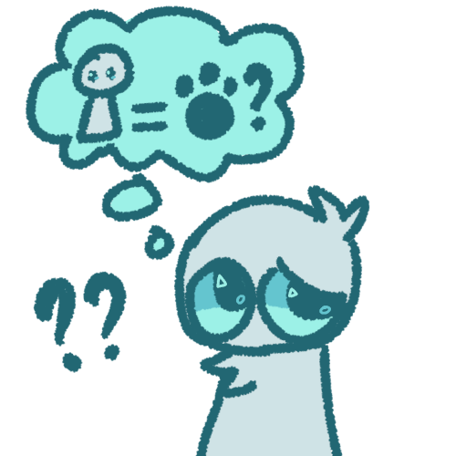 a grey person with teal eyes looking up in discomfort. Above them is a teal thought bubble which has a smaller version of the grey person and a pawprint.  On the right side of the pawprint is a question mark. Between the smaller person and the pawprint is a Equals sign. Also next to the person are two other question marks